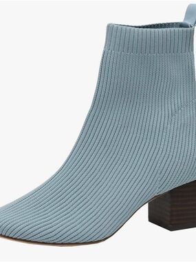 Light Blue Knit Sock Ankle Bootie with Block Heel